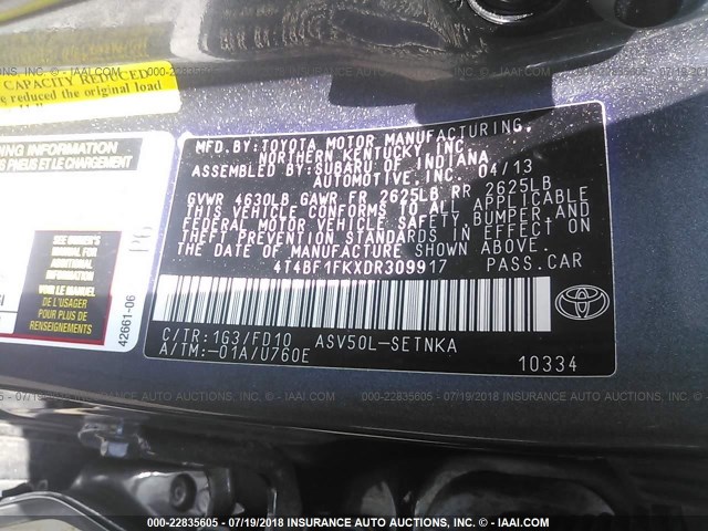 4T4BF1FKXDR309917 - 2013 TOYOTA CAMRY L/SE/LE/XLE Boz foto 9