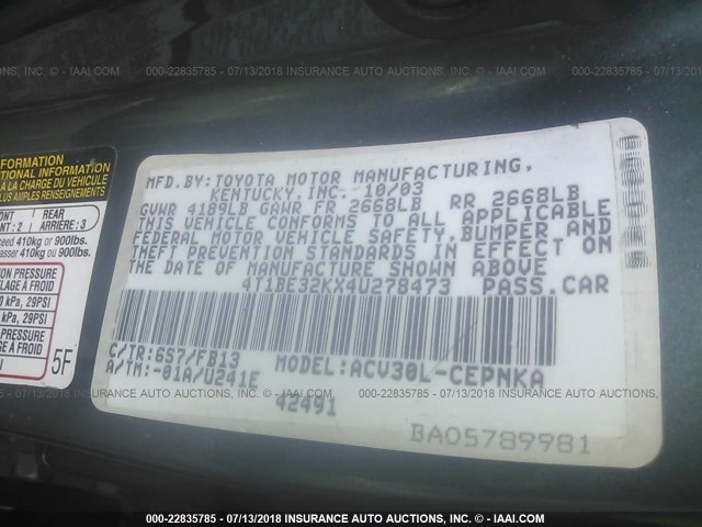 4T1BE32KX4U278473 - 2004 TOYOTA CAMRY LE/XLE/SE Yaşıl foto 9