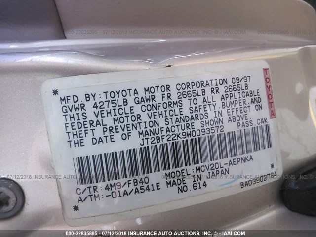 JT2BF22K9W0093572 - 1998 TOYOTA CAMRY CE/LE/XLE GOLD photo 9