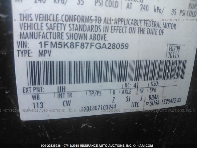 1FM5K8F87FGA28059 - 2015 FORD EXPLORER LIMITED 黑色 照片 9