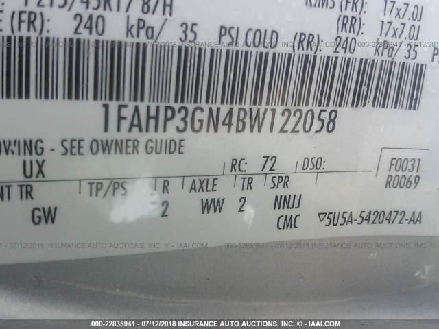 1FAHP3GN4BW122058 - 2011 FORD FOCUS SES SILVER photo 9