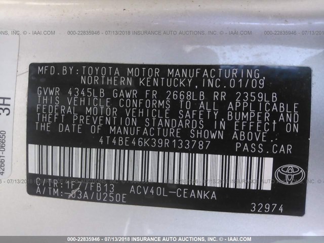 4T4BE46K39R133787 - 2009 TOYOTA CAMRY SE/LE/XLE SILVER photo 9