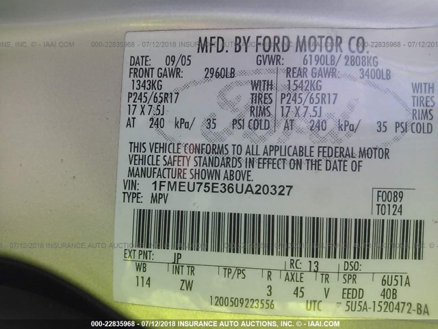 1FMEU75E36UA20327 - 2006 FORD EXPLORER LIMITED 银色 照片 9