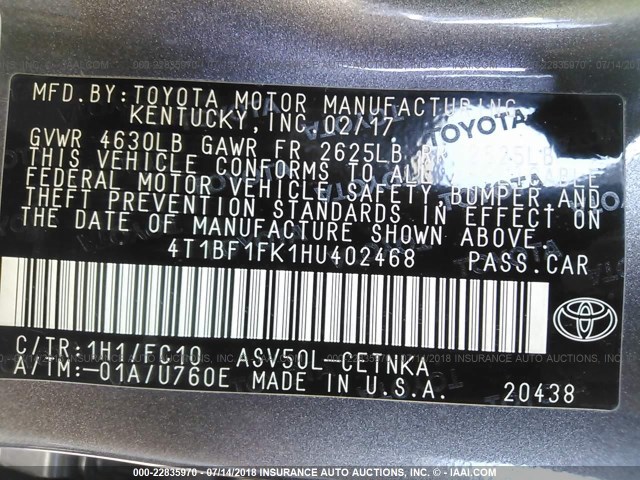 4T1BF1FK1HU402468 - 2017 TOYOTA CAMRY LE/XLE/SE/XSE GRAY photo 9