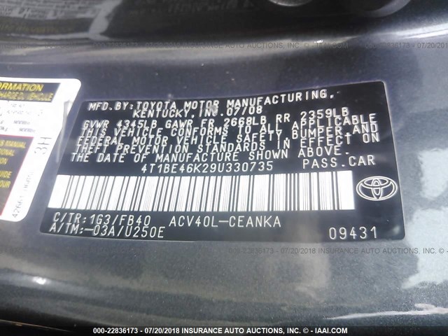 4T1BE46K29U330735 - 2009 TOYOTA CAMRY SE/LE/XLE 灰色 照片 9