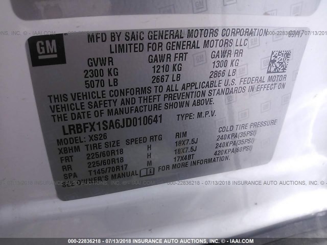 LRBFX1SA6JD010641 - 2018 BUICK ENVISION ESSENCE თეთრი ფოტო 9