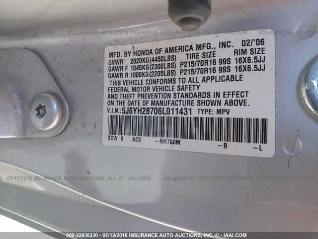 5J6YH28706L011431 - 2006 HONDA ELEMENT EX SILVER photo 9