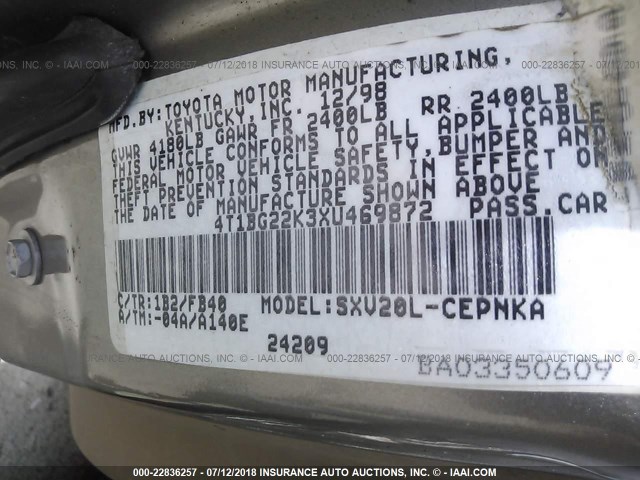 4T1BG22K3XU469872 - 1999 TOYOTA CAMRY CE/LE/XLE 灰色 照片 9