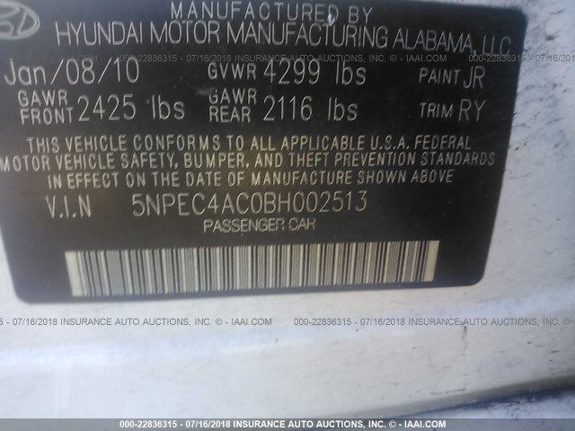 5NPEC4AC0BH002513 - 2011 HYUNDAI SONATA SE/LIMITED WHITE photo 9