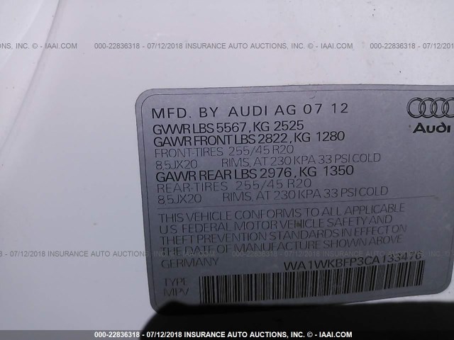 WA1WKBFP3CA133476 - 2012 AUDI Q5 PRESTIGE WHITE photo 9