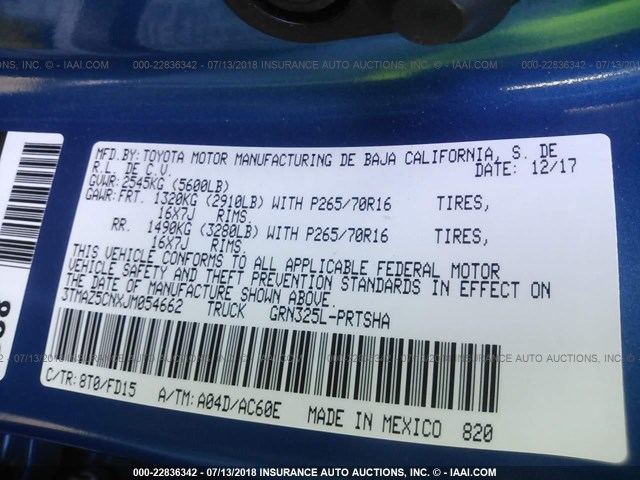 3TMAZ5CNXJM054662 - 2018 TOYOTA TACOMA DBL CAB/SR5/TRD SPORT/OR BLUE photo 9