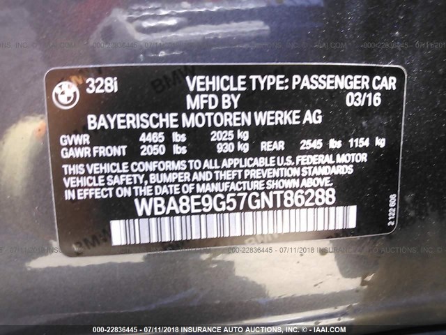 WBA8E9G57GNT86288 - 2016 BMW 328 I SULEV GRAY photo 9