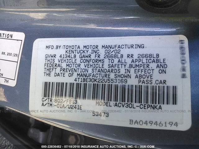 4T1BE30K22U553169 - 2002 TOYOTA CAMRY LE/XLE/SE 蓝色 照片 9