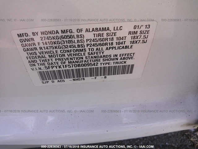 5FPYK1F57DB009542 - 2013 HONDA RIDGELINE RTL WHITE photo 9