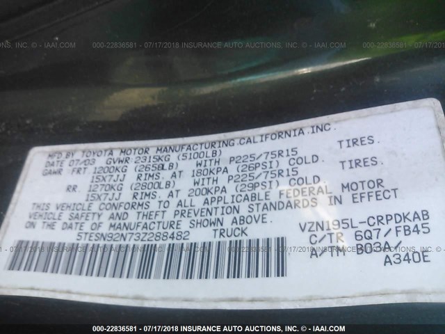 5TESN92N73Z288482 - 2003 TOYOTA TACOMA XTRACAB PRERUNNER მწვანე ფოტო 9