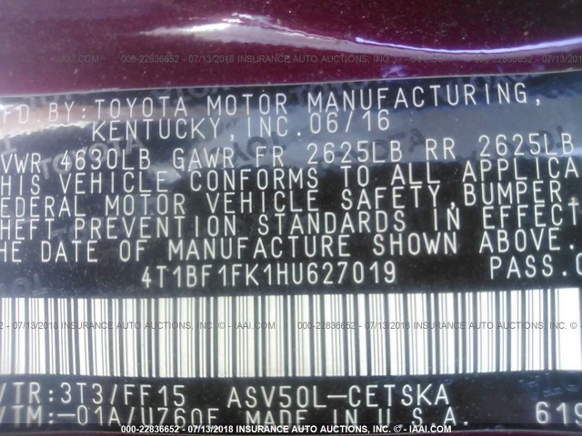 4T1BF1FK1HU627019 - 2017 TOYOTA CAMRY LE/XLE/SE/XSE MAROON photo 9