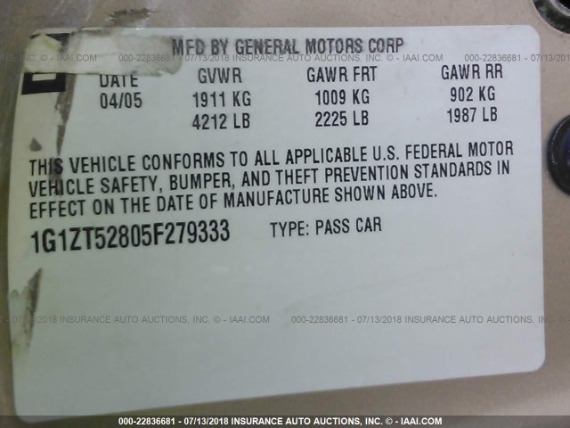 1G1ZT52805F279333 - 2005 CHEVROLET MALIBU LS GOLD photo 9