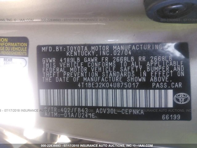 4T1BE32K04U875017 - 2004 TOYOTA CAMRY LE/XLE/SE 金色 照片 9