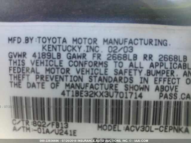 4T1BE32KX3U701714 - 2003 TOYOTA CAMRY LE/XLE/SE 蓝色 照片 9