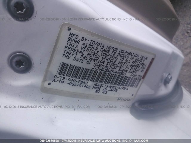 JT2BG22K6Y0442803 - 2000 TOYOTA CAMRY CE/LE/XLE WHITE photo 9