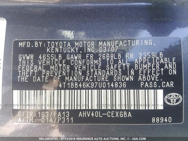 4T1BB46K97U014836 - 2007 TOYOTA CAMRY NEW GENERAT HYBRID GRAY photo 9