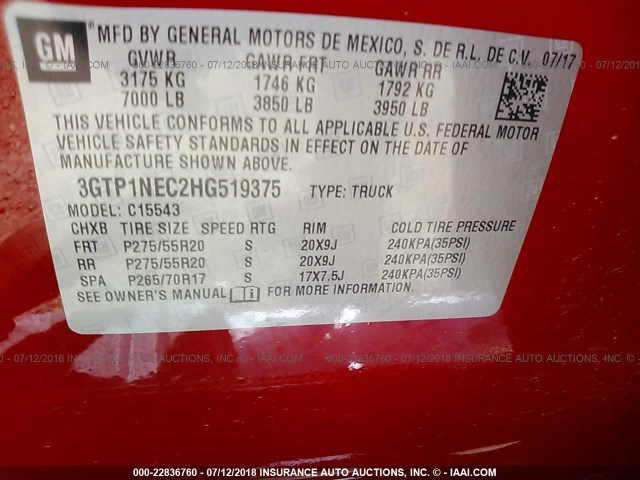 3GTP1NEC2HG519375 - 2017 GMC SIERRA C1500 SLT RED photo 9