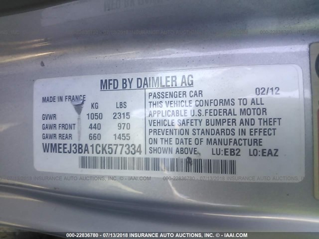 WMEEJ3BA1CK577334 - 2012 SMART FORTWO PURE/PASSION WHITE photo 9