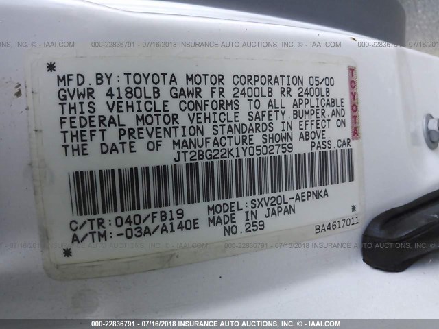 JT2BG22K1Y0502759 - 2000 TOYOTA CAMRY CE/LE/XLE WHITE photo 9