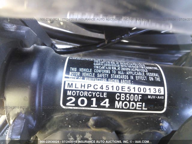 MLHPC4510E5100136 - 2014 HONDA CB500 F BLACK photo 10