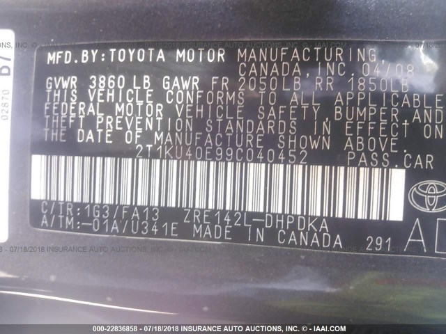 2T1KU40E99C040452 - 2009 TOYOTA COROLLA MATRIX  GRAY photo 9