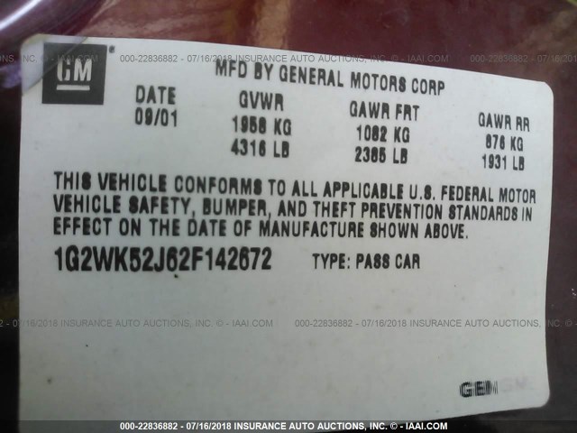 1G2WK52J62F142672 - 2002 PONTIAC GRAND PRIX SE 栗色 照片 9