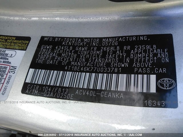 4T1BE46K77U033781 - 2007 TOYOTA CAMRY NEW GENERAT CE/LE/XLE/SE SILVER photo 9