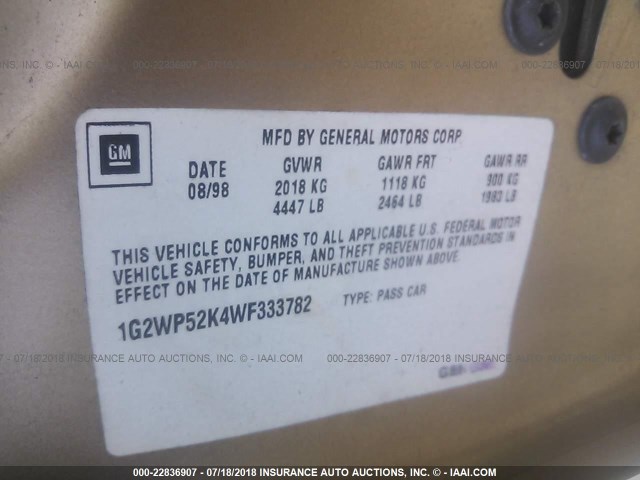 1G2WP52K4WF333782 - 1998 PONTIAC GRAND PRIX GT TAN photo 9