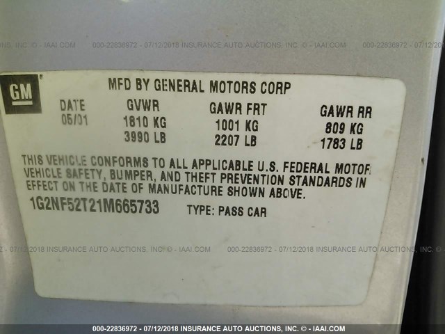 1G2NF52T21M665733 - 2001 PONTIAC GRAND AM SE1 GRAY photo 9