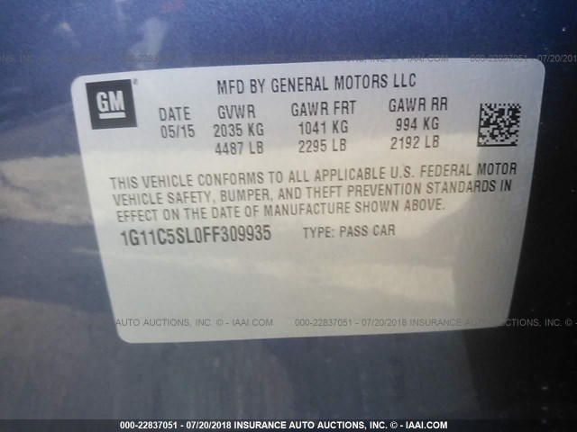 1G11C5SL0FF309935 - 2015 CHEVROLET MALIBU 1LT 蓝色 照片 9