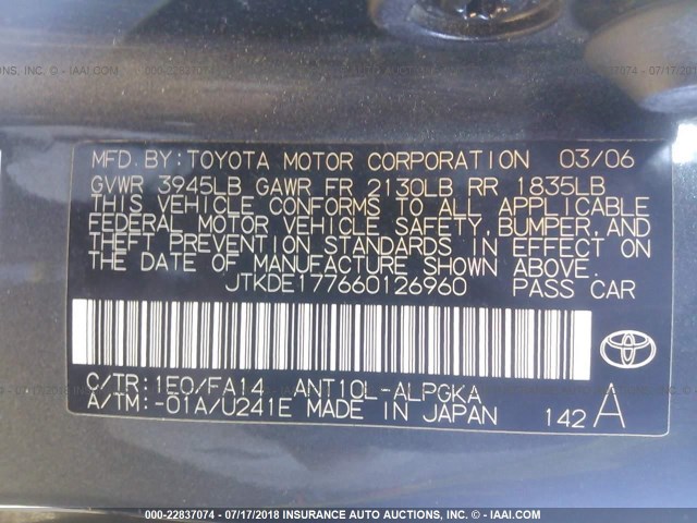 JTKDE177660126960 - 2006 TOYOTA SCION TC 灰色 照片 9