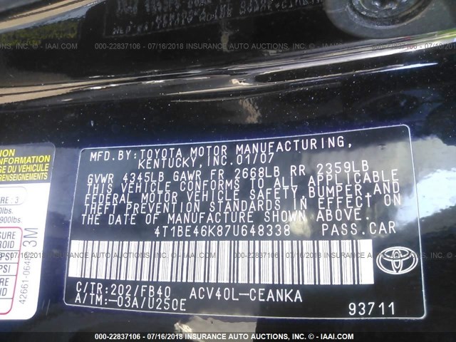 4T1BE46K87U648338 - 2007 TOYOTA CAMRY NEW GENERATION CE/LE/XLE/SE BLACK photo 9