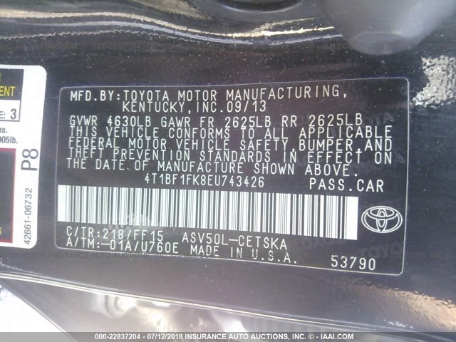 4T1BF1FK8EU743426 - 2014 TOYOTA CAMRY L/SE/LE/XLE 黑色 照片 9