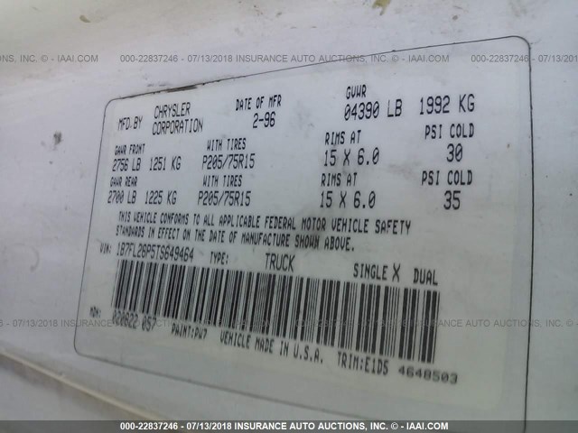 1B7FL26P5TS649464 - 1996 DODGE DAKOTA WHITE photo 9