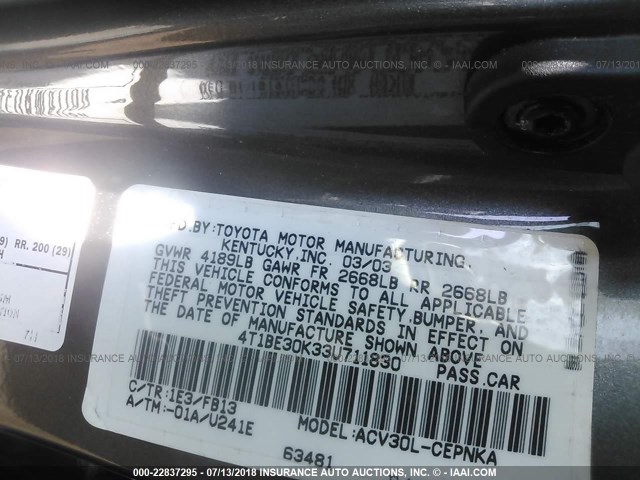 4T1BE30K33U711830 - 2003 TOYOTA CAMRY LE/XLE/SE Сұр фото 9