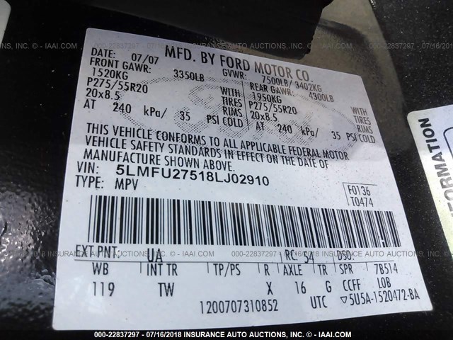 5LMFU27518LJ02910 - 2008 LINCOLN NAVIGATOR 黑色 照片 9