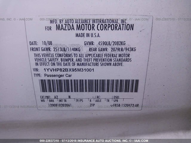 1YVHP82BX95M31001 - 2009 MAZDA 6 S WHITE photo 9