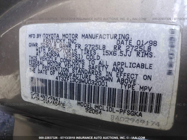 4T3ZF13C9WU032001 - 1998 TOYOTA SIENNA LE/XLE TAN photo 9