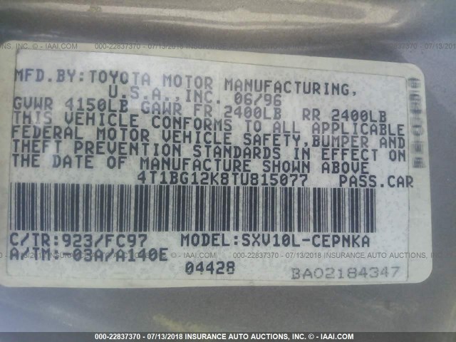 4T1BG12K8TU815077 - 1996 TOYOTA CAMRY DX/LE/XLE GRAY photo 9