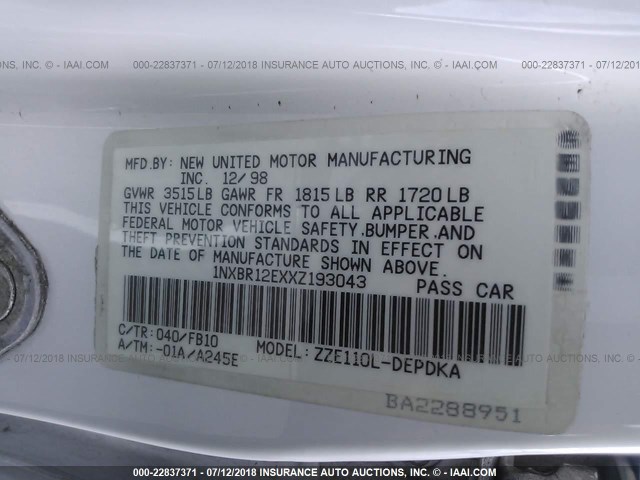 1NXBR12EXXZ193043 - 1999 TOYOTA COROLLA VE/CE/LE 白色 照片 9