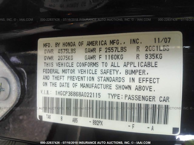 1HGCP36868A022115 - 2008 HONDA ACCORD EXL BLACK photo 9