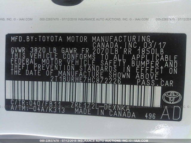 2T1BURHE7HC872226 - 2017 TOYOTA COROLLA L/LE/XLE/SE/XSE WHITE photo 9