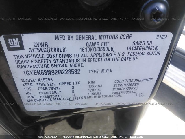 1GYEK63N92R228582 - 2002 CADILLAC ESCALADE LUXURY შავი ფოტო 9