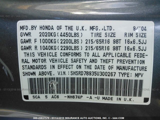 SHSRD78935U300267 - 2005 HONDA CR-V SE/EX GRAY photo 9