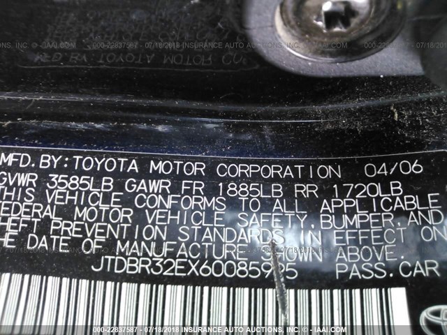 JTDBR32EX60085995 - 2006 TOYOTA COROLLA CE/LE BLACK photo 9